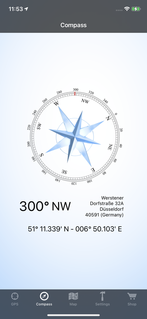 GPS & Maps: Location Tracker - Interfaz de brújula digital que muestra una dirección noroeste de 300 grados y coordenadas GPS precisas.