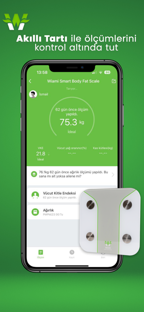 Wiami - Smartphone screen displaying weight and health metrics from the Wiami smart body fat scale.