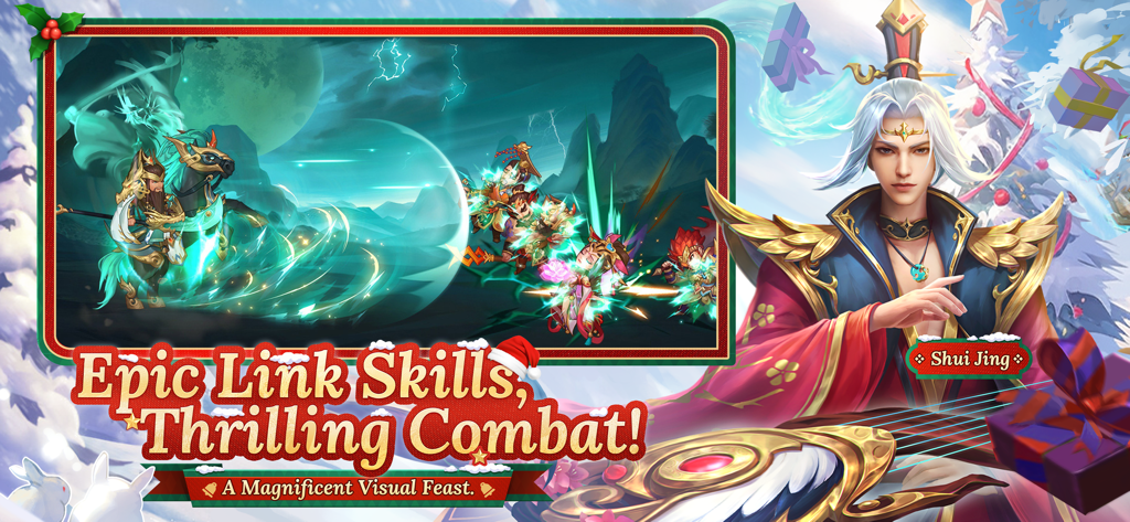 Dynasty Heroes Legend Samkok の戦術カードバトルコンバットで、壮大なリンクスキルと英雄の Шуй Цзин が表示されている