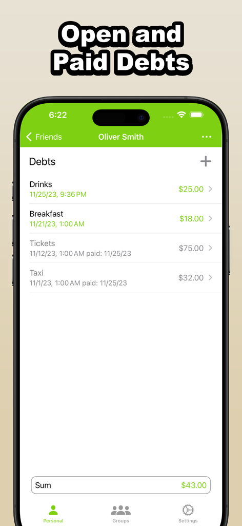 Who Owes Me - IOU Tracker - A list of open and paid debts for a contact named Oliver Smith in the Who Owes Me app showing expenses for drinks and breakfast.