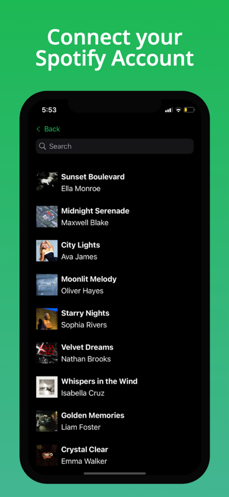 Alarm Clock for Spotify Songs - Interfaz de la aplicación Alarm Clock for Spotify que muestra una lista de canciones para elegir como sonido de alarma.