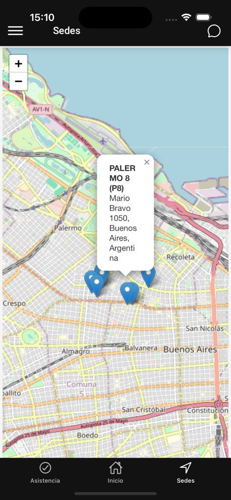 Mapa interativo mostrando locais do campus da Universidad de Palermo em Buenos Aires