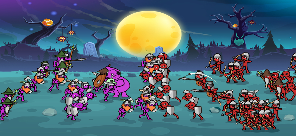 Stick Empire - Kingdom Castle - A massive battle between purple and red stickman armies in a spooky forest under a full moon