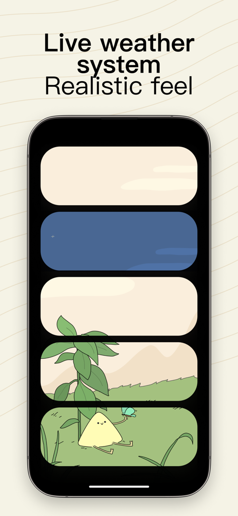 A smartphone screen displaying the Dtd Sounds app live weather system with minimalist landscape illustrations and a cute character.