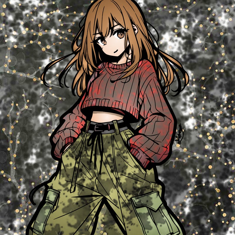 anime teen girl with baggy pants and crop top with sweater