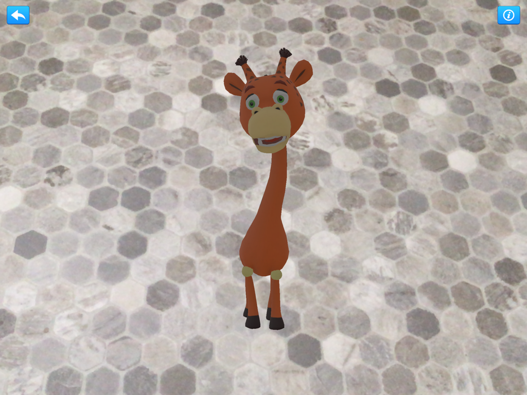 Skwids HD - A 3D animated giraffe character standing on a hexagonal tile floor in the Skwids HD educational app.
