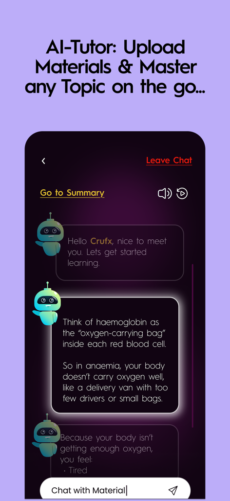 ExamCrush mobile app interface showing a chat with an AI tutor explaining medical concepts using analogies.