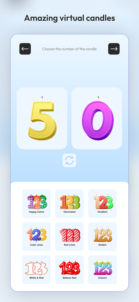 Happy Birthday Virtual Candles - Interface of the virtual birthday candle app showing candle numbers and various design styles