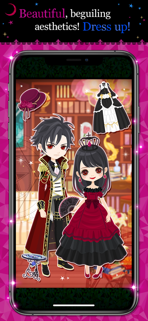 Dos avatares chibi con atuendos reales de fantasía oscura para el modo de vestuario de Court of Darkness.