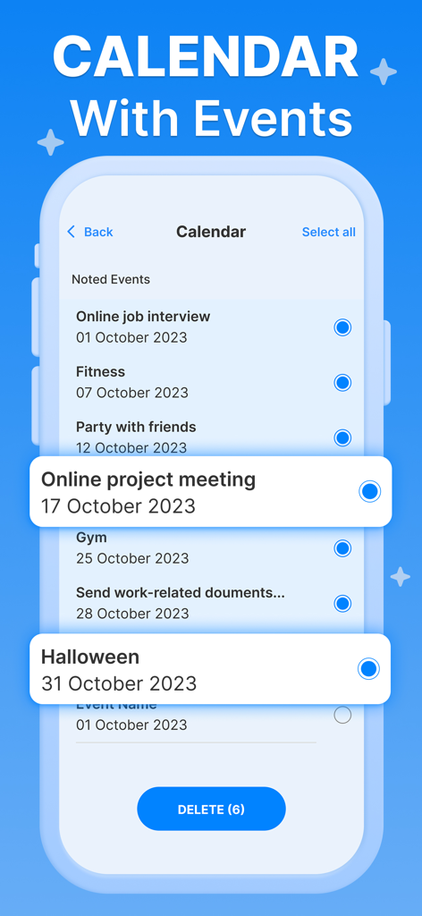 Smart Cleaner: Clean Up Fast - Screenshot of the Smart Cleaner app showing a list of calendar events with checkboxes to delete and free up storage space