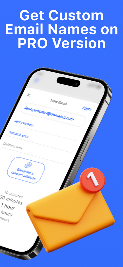 Interface of Temp Mail Pro app showing custom temporary email name creation on iPhone