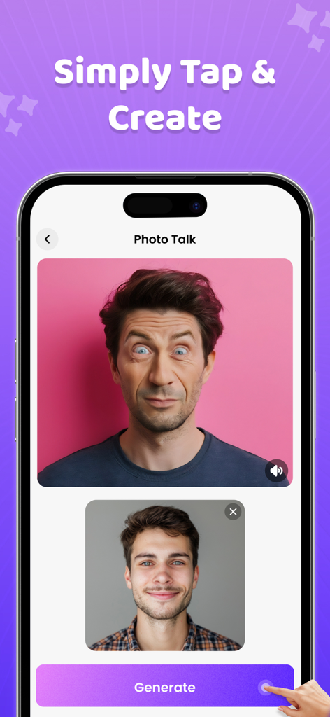 AI Face Talk : Photo Animator - AI Face Talk app interface showing the Simply Tap and Create feature to generate talking photos