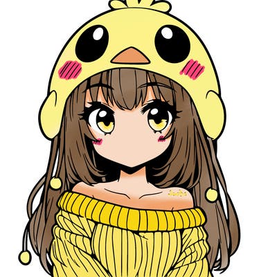 anime girl with chick shaped hat with sweater with bare shoulders with bangs covering them one eye with low tail