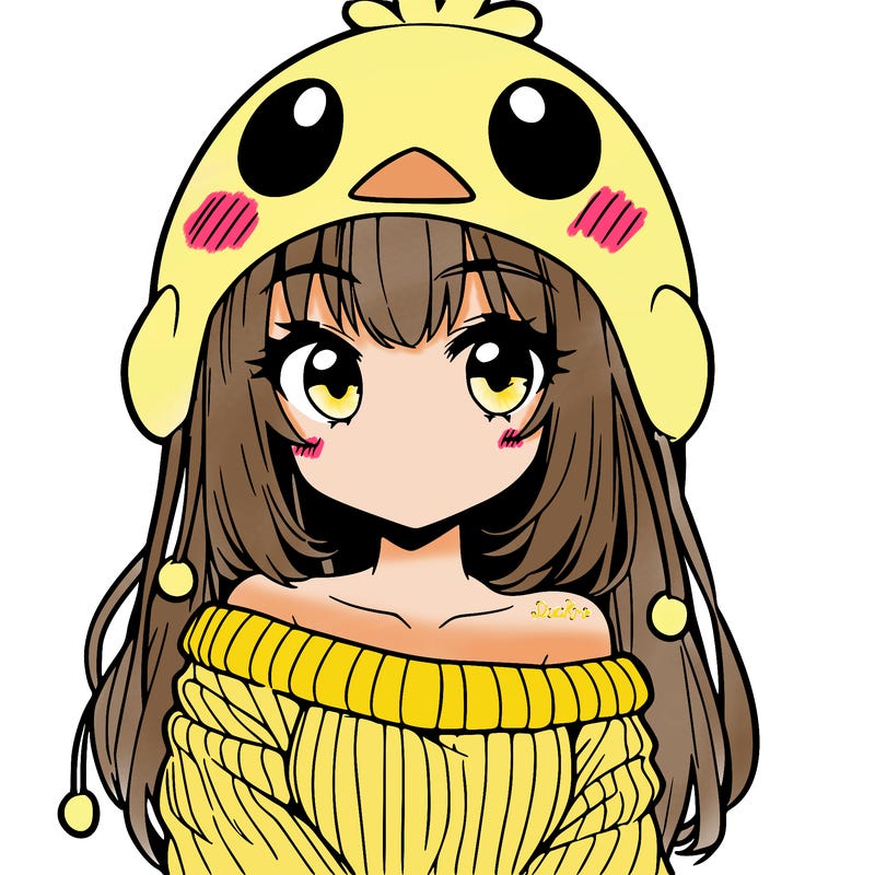 anime girl with chick shaped hat with sweater with bare shoulders with bangs covering them one eye with low tail