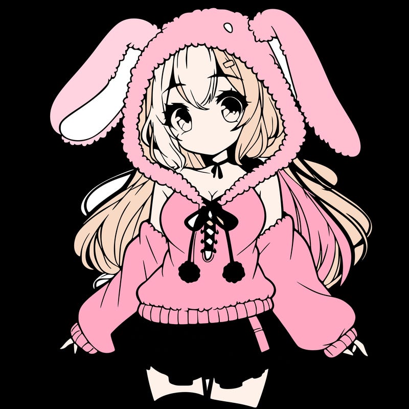 pretty anime girl wearing a fluffy hoodie with bunny ears on the hood and a skirt