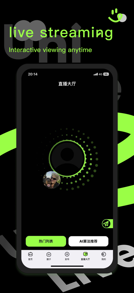 UniLive 앱 스크린샷이 AI 추천 및 프로필 서클과 함께 라이브 스트리밍 검색 인터페이스를 보여줍니다.