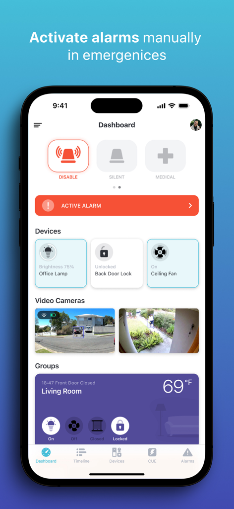 Abode - Abode app dashboard displaying manual emergency alarm buttons, connected smart home devices, and live video camera feeds.