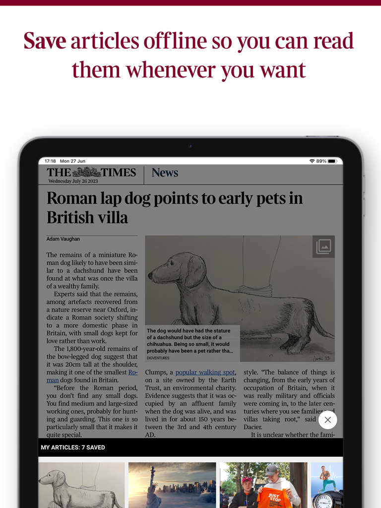 La aplicación The Times of London para iPad que muestra un artículo de noticias y una sección para artículos guardados para leer sin conexión