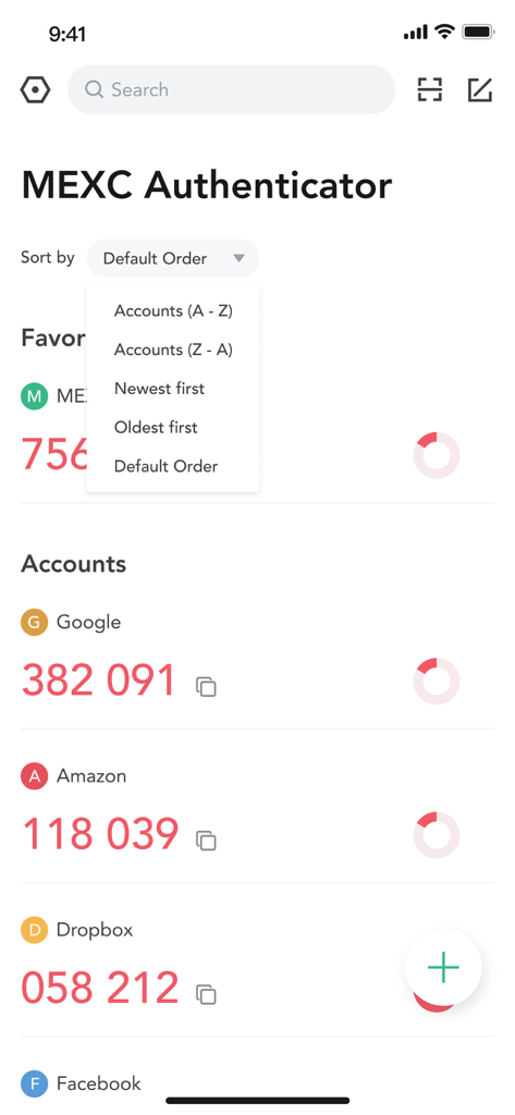 MEXC Authenticator 앱 인터페이스는 Google, Amazon 및 Dropbox에 대한 2FA 코드를 표시하고 정렬 메뉴가 열려 있습니다.
