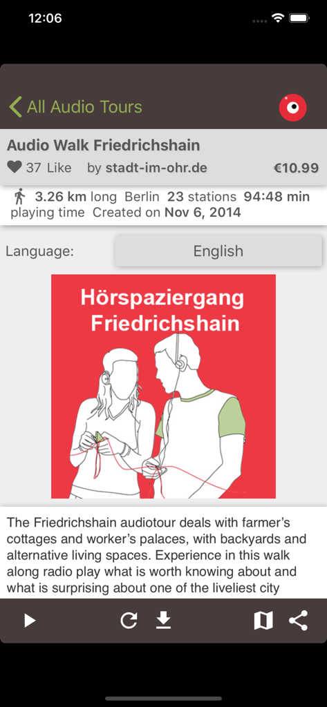 stadt im ohr audio tour Berlin - App screen showing details for the Friedrichshain audio walking tour including distance and duration