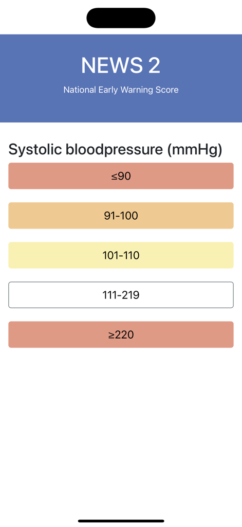 NEWS2 - Calculator - Schermata di selezione dell'intervallo della pressione arteriosa sistolica nell'app calcolatrice NEWS2.