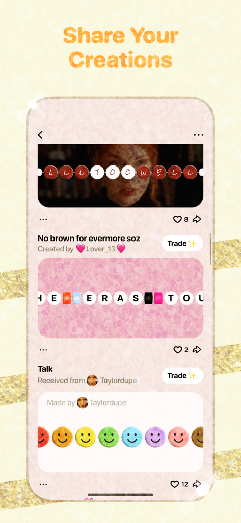 Uma interface de feed social de aplicativo de celular de pulseiras da amizade digitais personalizadas com opções de troca e curtida.