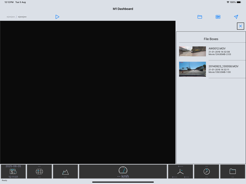 M1 Dashboard - M1 Dashboard iPad app interface displaying a list of recorded dashcam video files and telemetry data indicators at the bottom