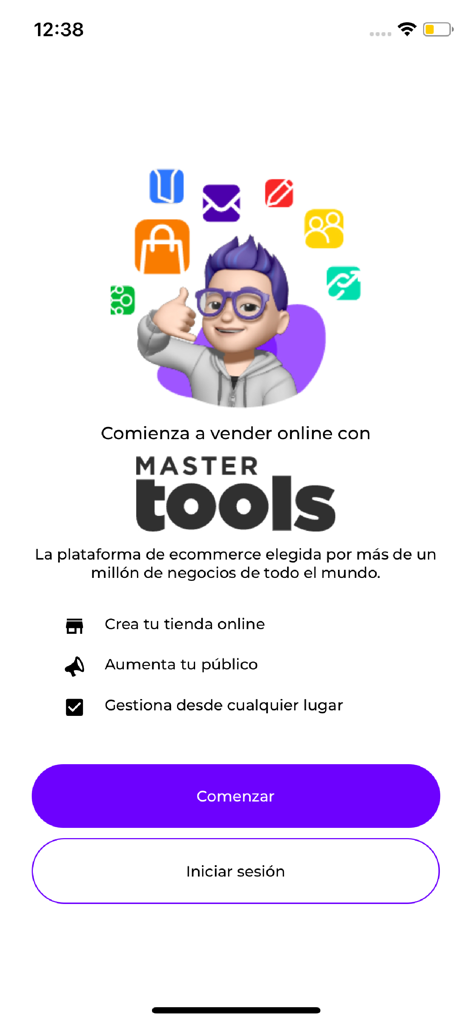 Pantalla de incorporación de MasterTools en español con un avatar digital e iconos para herramientas de negocios en línea.
