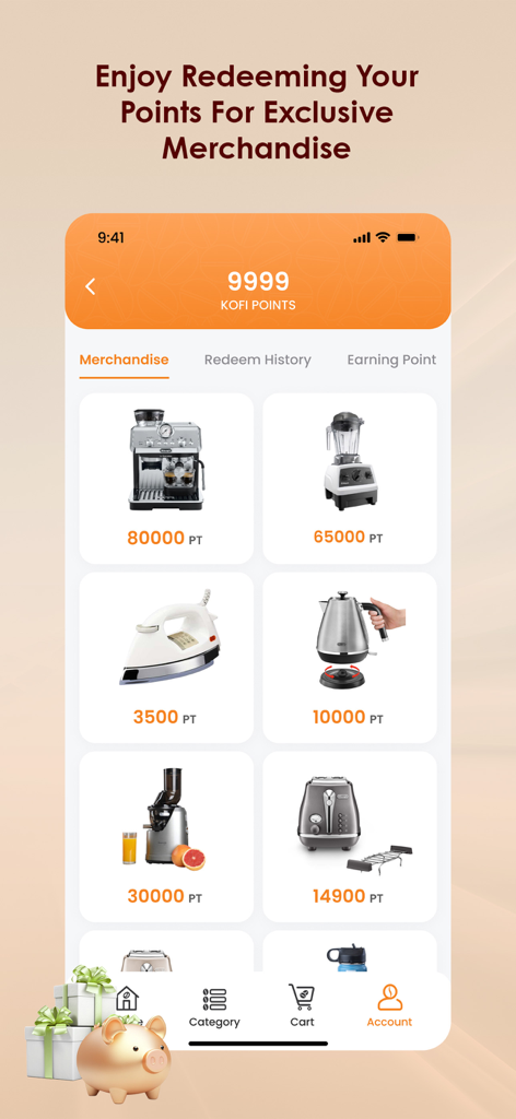 KOFI - Pantalla de la aplicación móvil KOFI que muestra el saldo de puntos de fidelidad y la mercancía exclusiva disponible para canjear