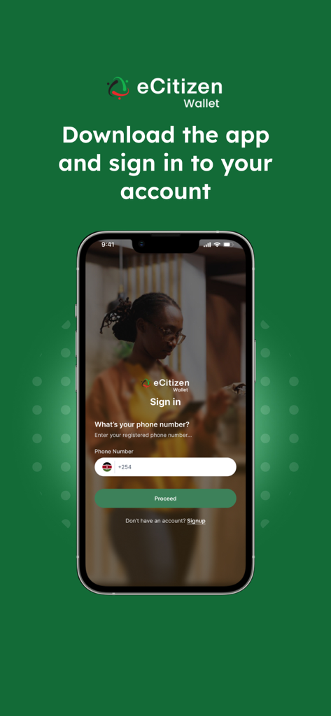 eCitizen Wallet - Pantalla de inicio de sesión de la aplicación móvil eCitizen Wallet que muestra un campo de inicio de sesión con número de teléfono.