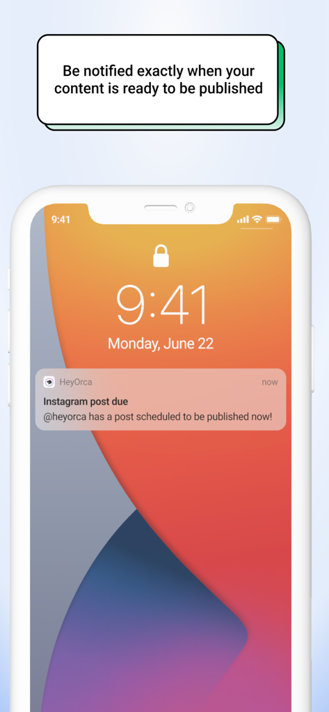 HeyOrca mobile app notification on an iPhone for a scheduled Instagram post