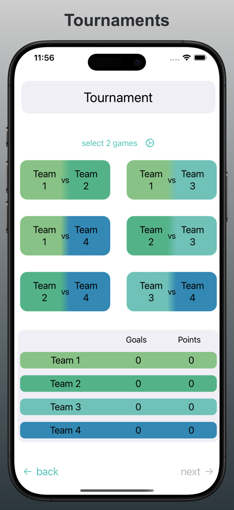 Pantalla de gestión de torneos en la spoRT-App que muestra los enfrentamientos de equipos y la tabla de seguimiento de puntuaciones.