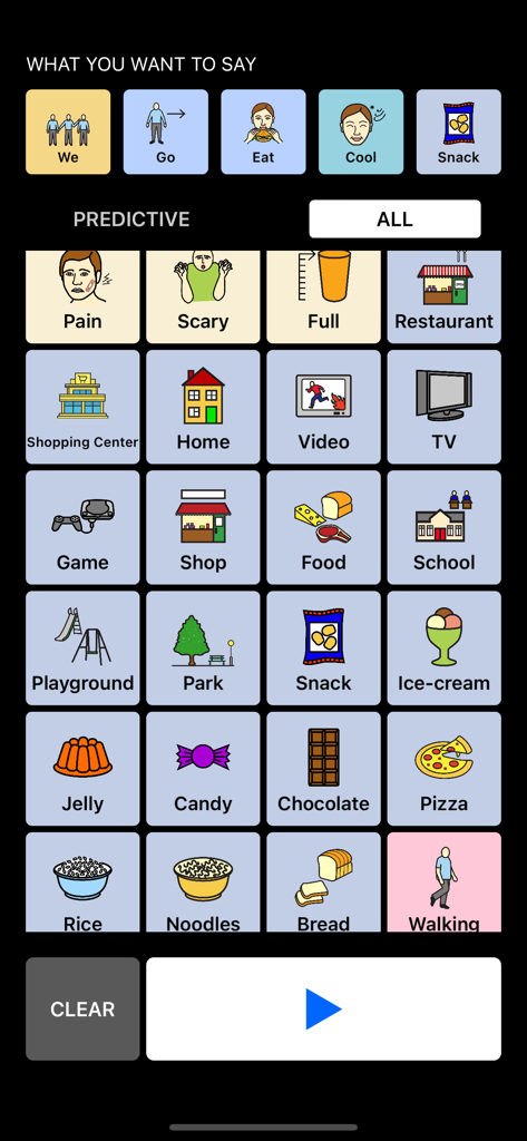Interface of the Speak Your Mind AAC app showing a grid of communication icons and word prediction