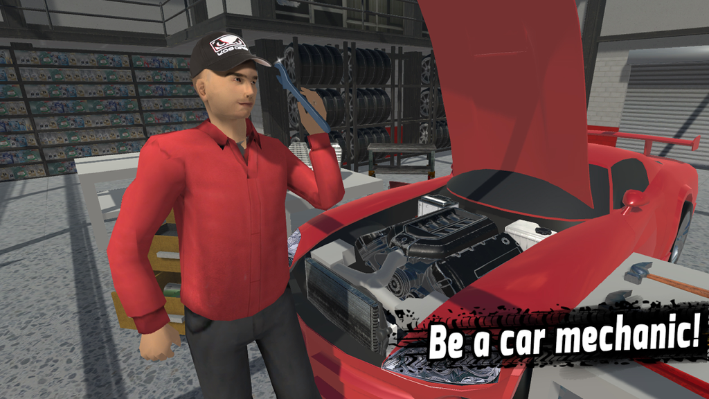 My Summer Car Fix: Auto Mechanic Simulator - Un personaje con camisa roja de pie junto a un coche rojo con el capó abierto en un taller mecánico