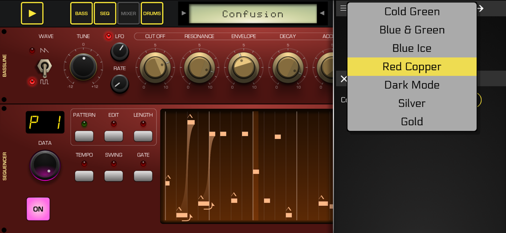 Interface de l'application de production musicale Pure Acid montrant les potentiomètres du synthétiseur de bassline, le séquenceur, le pattern et le menu de sélection de thème.