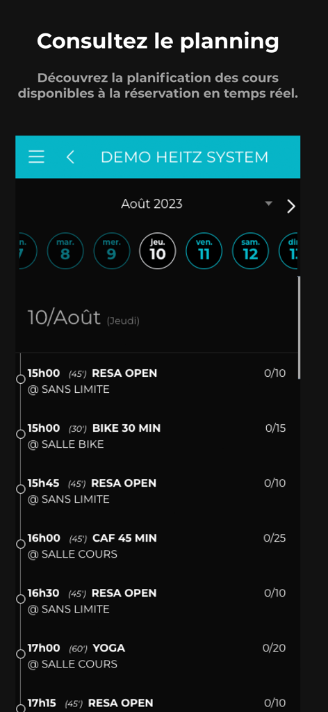 SwimSpot - Interface de l'application mobile SwimSpot montrant un horaire en temps réel pour les cours de remise en forme et aquatiques comme le yoga et le cyclisme.