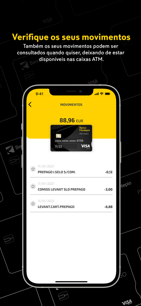 APPré-pago | Banco Montepio - Tela do aplicativo APPré-pago mostrando o saldo de um cartão pré-pago e movimentos recentes de transações.
