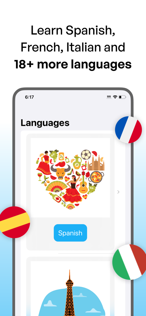 Polyglot: Learn New Languages - Interface do aplicativo Poliglota mostrando opções de aprendizado de espanhol, francês e italiano