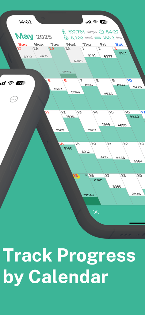 Step Counter Maipo app calendar showing daily walking steps and monthly progress