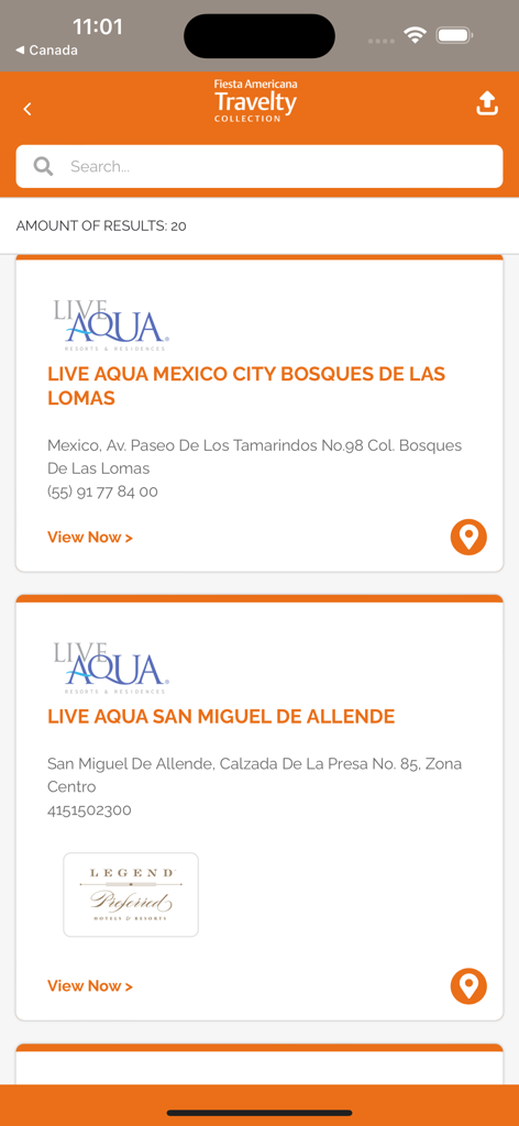FA Travelty Collection Expert - Resultados de búsqueda de resorts Live Aqua en Ciudad de México y San Miguel de Allende dentro de la aplicación Experto en la Colección FA Travelty