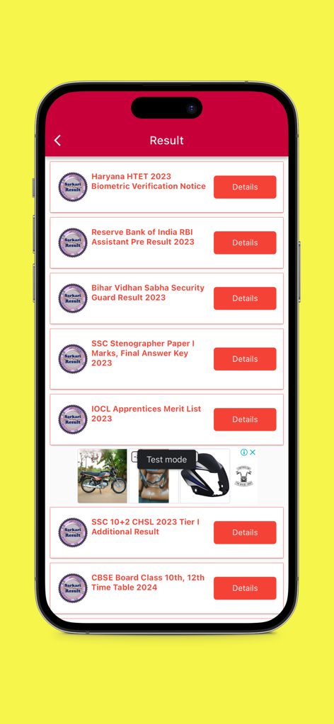 Sarkari Result - A mobile screen listing various Indian government exam results and notifications such as RBI Assistant and SSC Stenographer