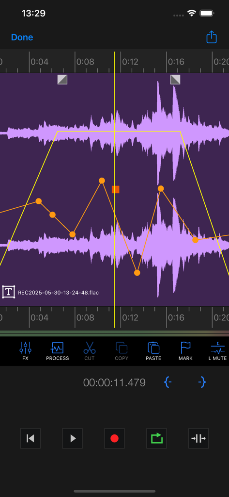 au editor - audio cutter - Interface of Au Editor showing audio waveform with volume envelope adjustments