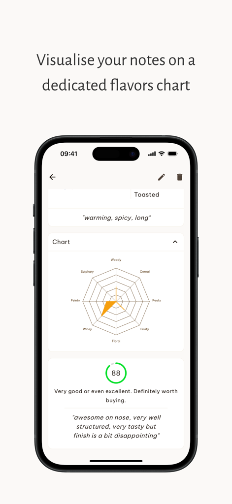 Whiskatch: Whisky Journal - A spider chart within the Whiskatch app displaying a whisky flavor profile including notes of peat, fruit, and wood alongside a quality rating.