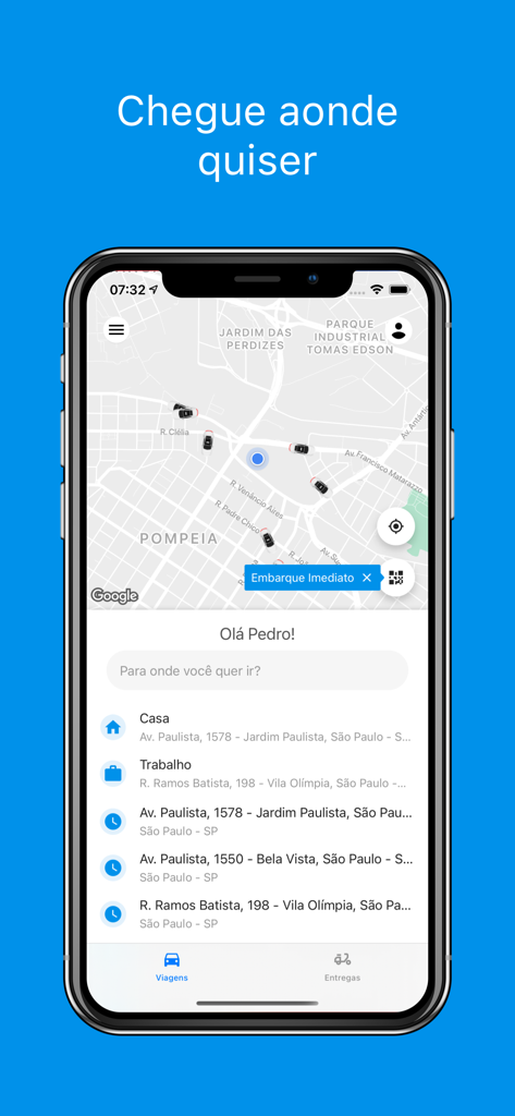Wappa: Táxi e Carro Particular - Wappa mobile app interface showing a map with available taxis and private cars in Sao Paulo Brazil