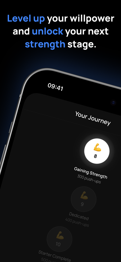 PushLock: Screen Time Control - PushLock app interface displaying the user journey with push-up strength milestones.