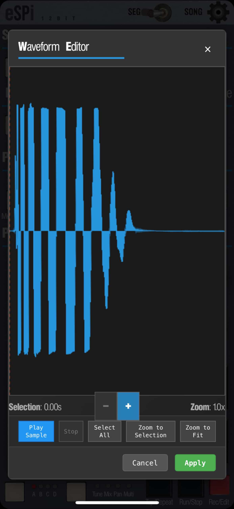 eSPi - Interfaccia dell'editor di forme d'onda nell'app campionatore vintage eSPi che mostra un'onda visiva del campione audio e controlli di editing.