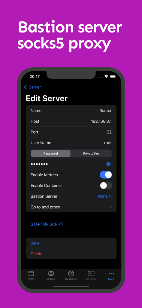 NeoServer: SSH Client|Terminal - NeoServer mobile app interface for configuring SSH server details with bastion and socks5 proxy options
