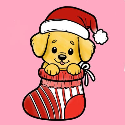 cute puppy wearing santa hat in socking