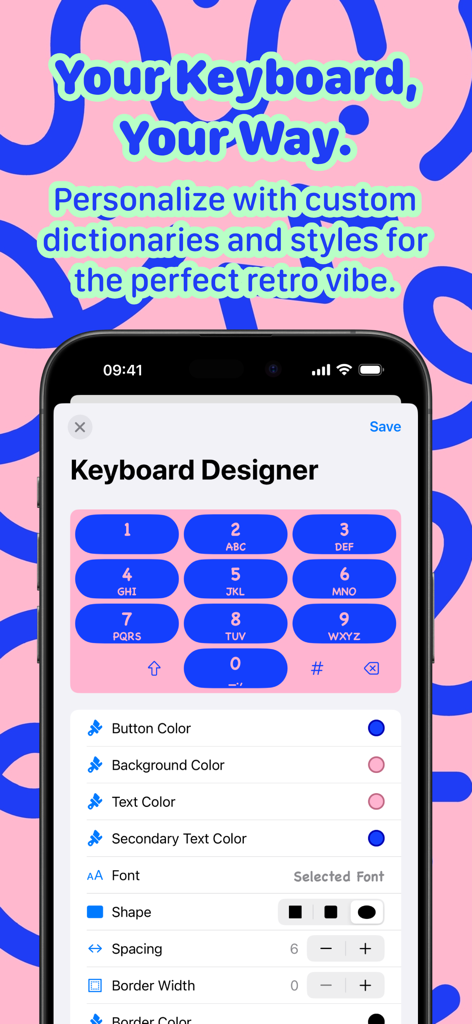 Retro Txt T9 Number Keyboard - A smartphone screen showing the Keyboard Designer feature in the Retro Txt app with options for custom colors and styles