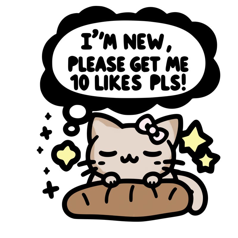 kitty taking a nap dream talking and saying "i'm new, please get me at least 10 likes pls!!"